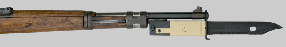 Image of Saudi-Arabian KCB-77 M6 bayonet mounted to Mauser Kar 98k rifle.